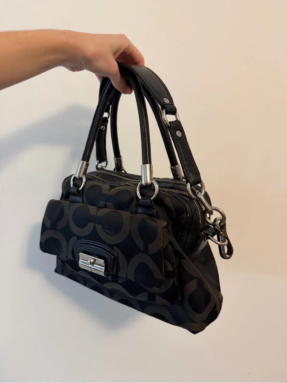 Coach Black and Brown Signature Satchel with Turn-Lock Detail